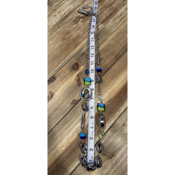 Chicos Blue Green Faux Glass SIlver Tone 18" Long Statement Necklace NEW - Picture 13 of 16